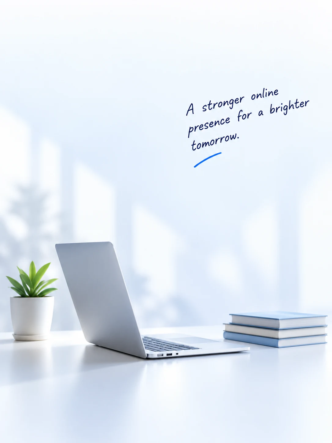 Laptop, plant and books on a bright desk. A stronger online presence for a brighter tomorrow.