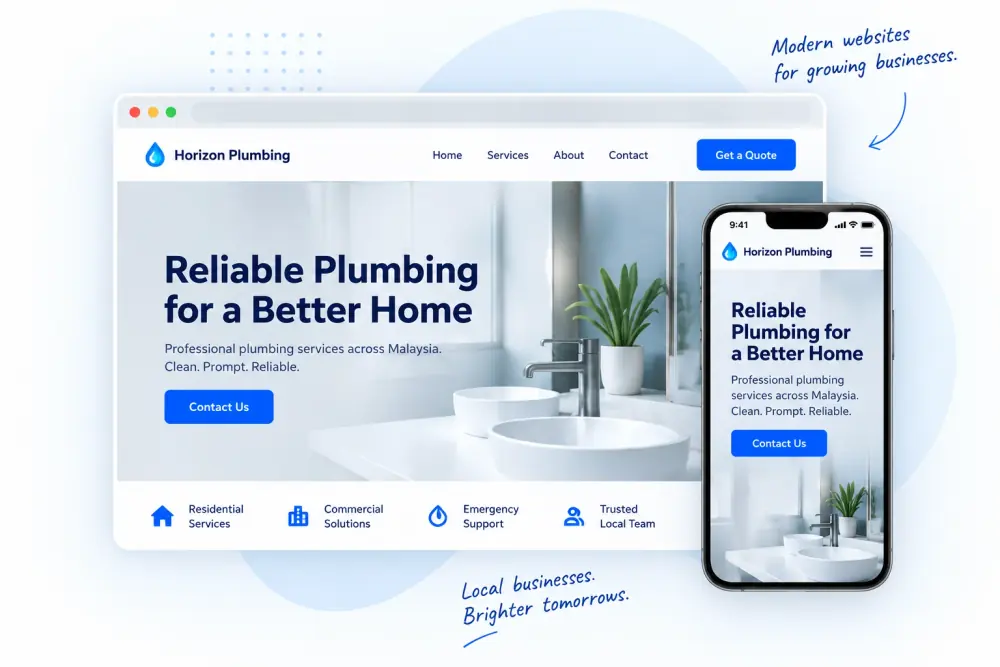 Example Horizon Plumbing website displayed on desktop and phone, with a modern bathroom photograph and blue service icons