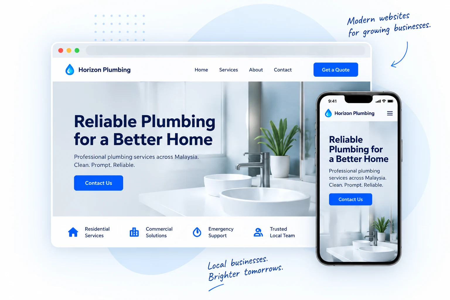 Example Horizon Plumbing website displayed on desktop and phone, with a modern bathroom photograph and blue service icons