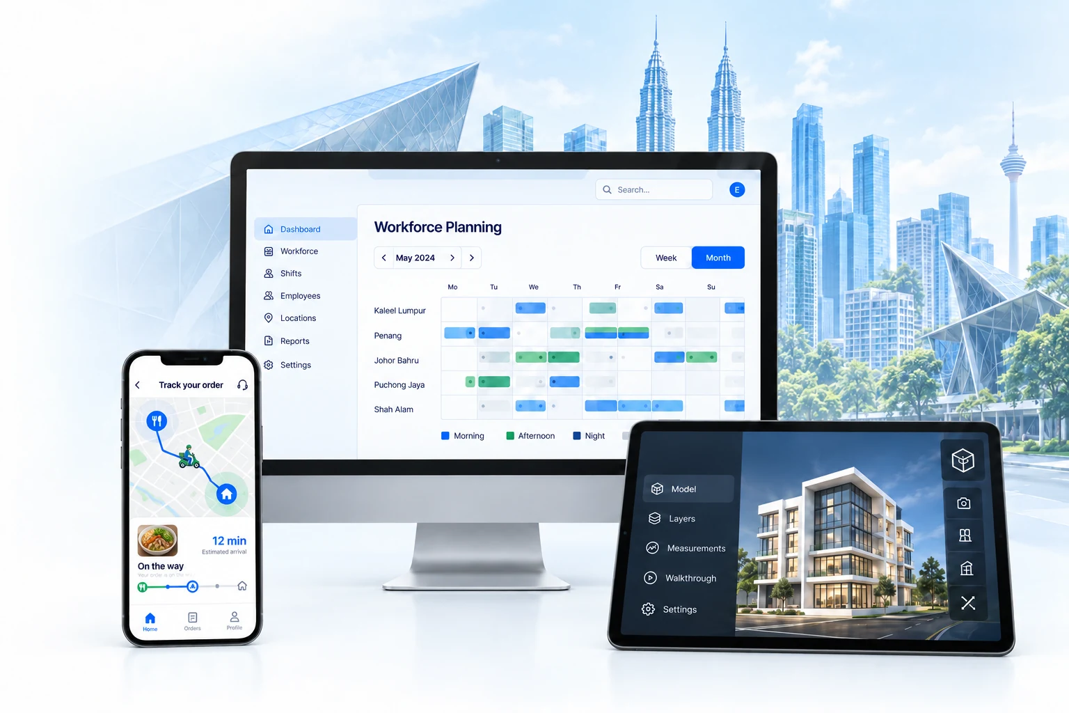 Illustrative workforce planning desktop, food delivery mobile app with GPS tracking and AR/VR building tablet against the Kuala Lumpur skyline